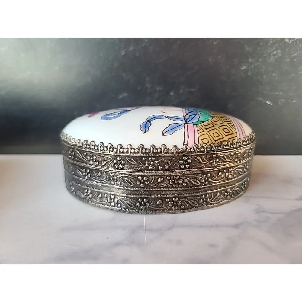 Oval Chinese Silver & Figural Female Porcelain Lidded Domed Box 4.5